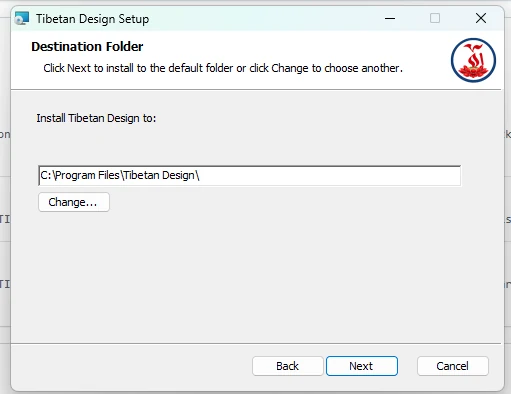 Setup wizard destination folder screen showing C:\Program Files\Tibetan Design