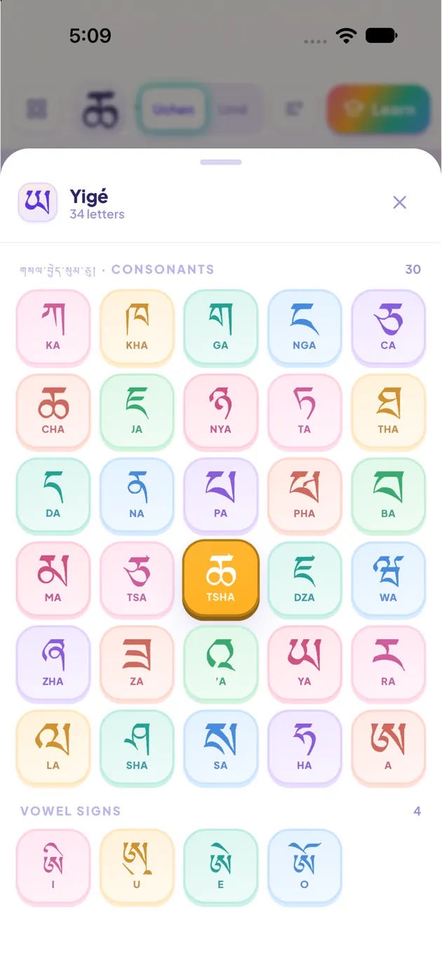 Script picker showing all 30 consonants and 4 vowel signs